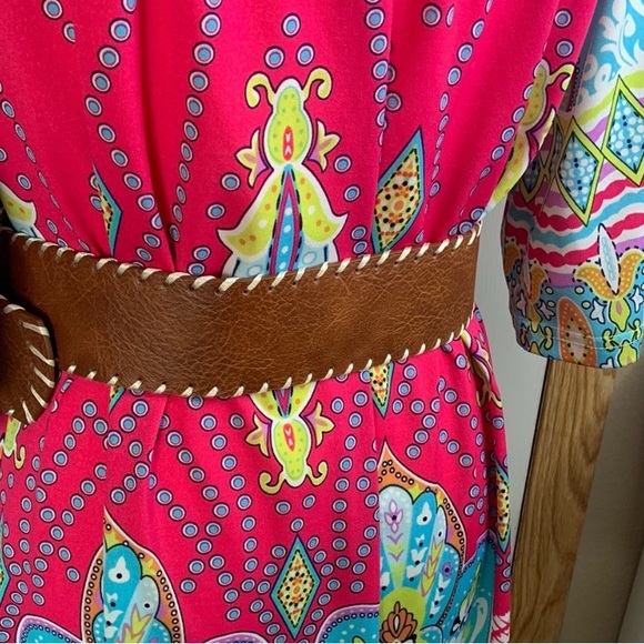 BOHO WESTERN Wide Brown Belt Cream Whipstitch Faux Leather - Picture 4 of 4